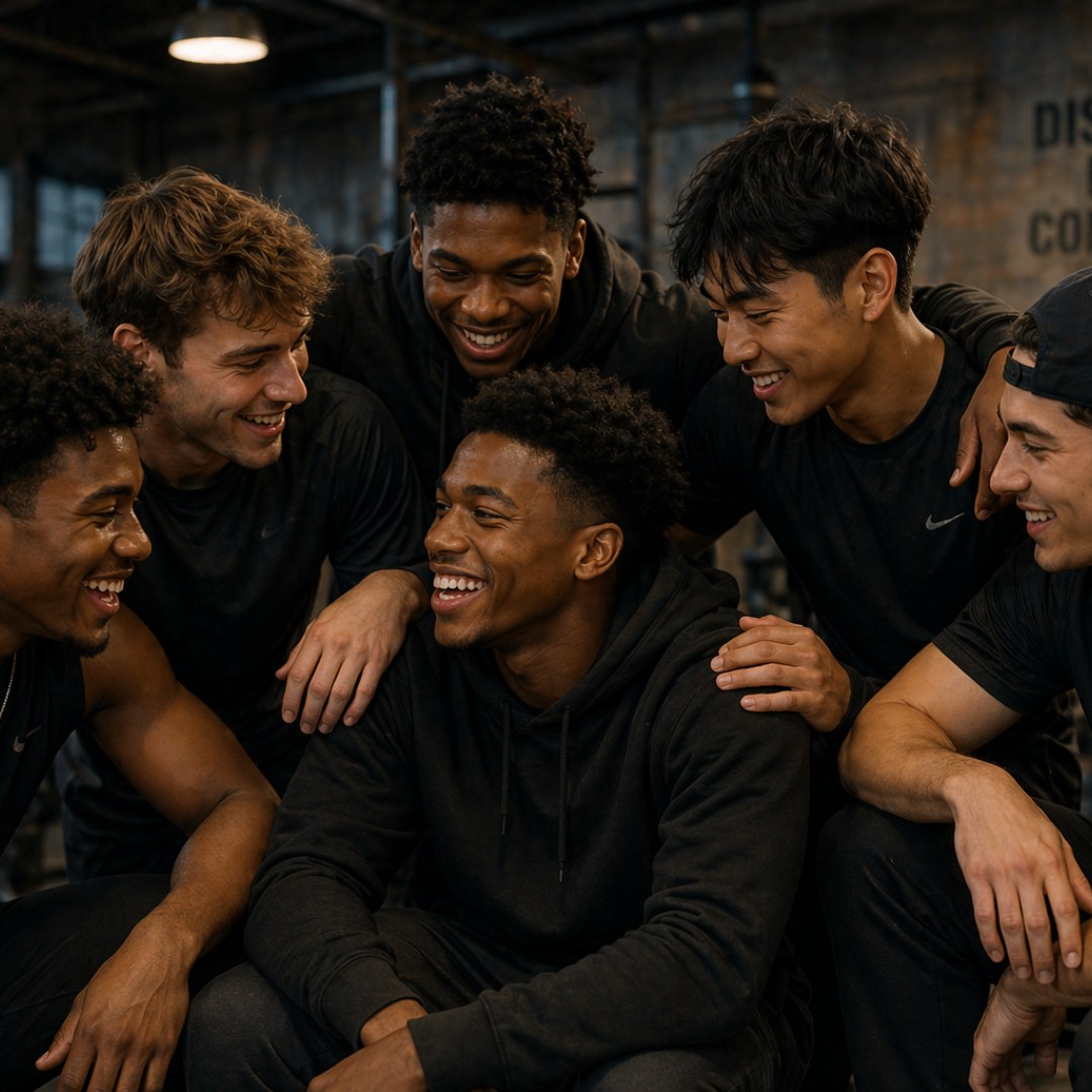 Youth leader sitting with a small group of teen boys