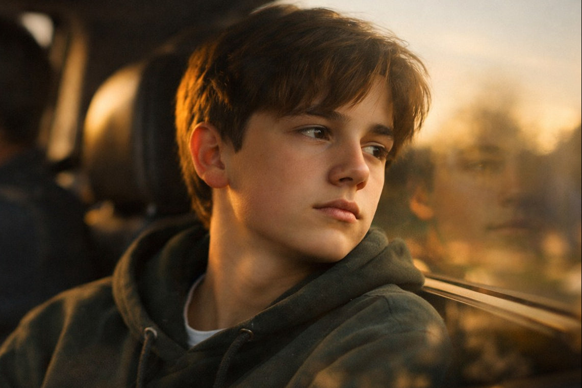 Teen boy looking out a window, thinking