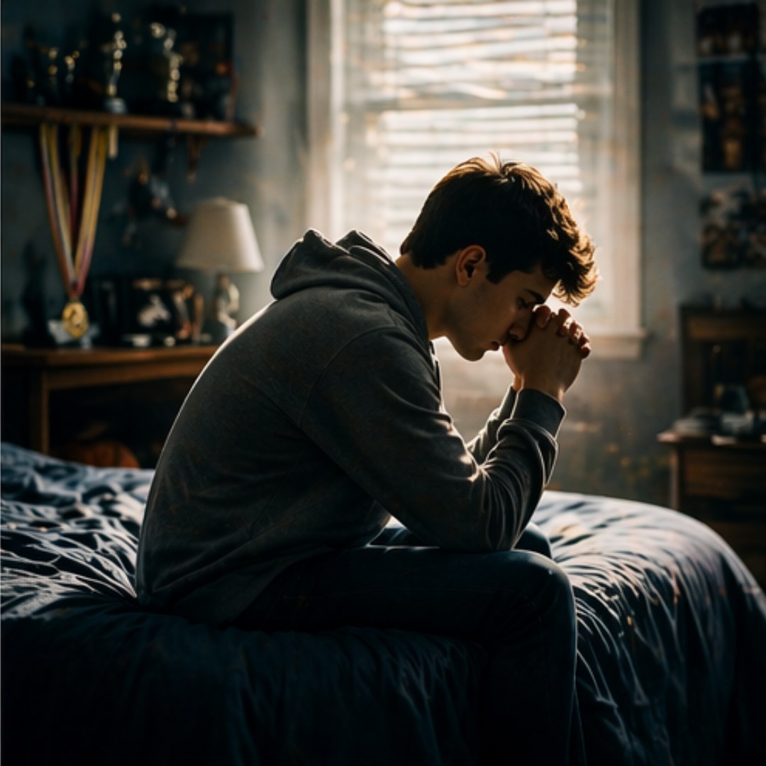 Teen boy sitting on the edge of his bed with his head in his hands