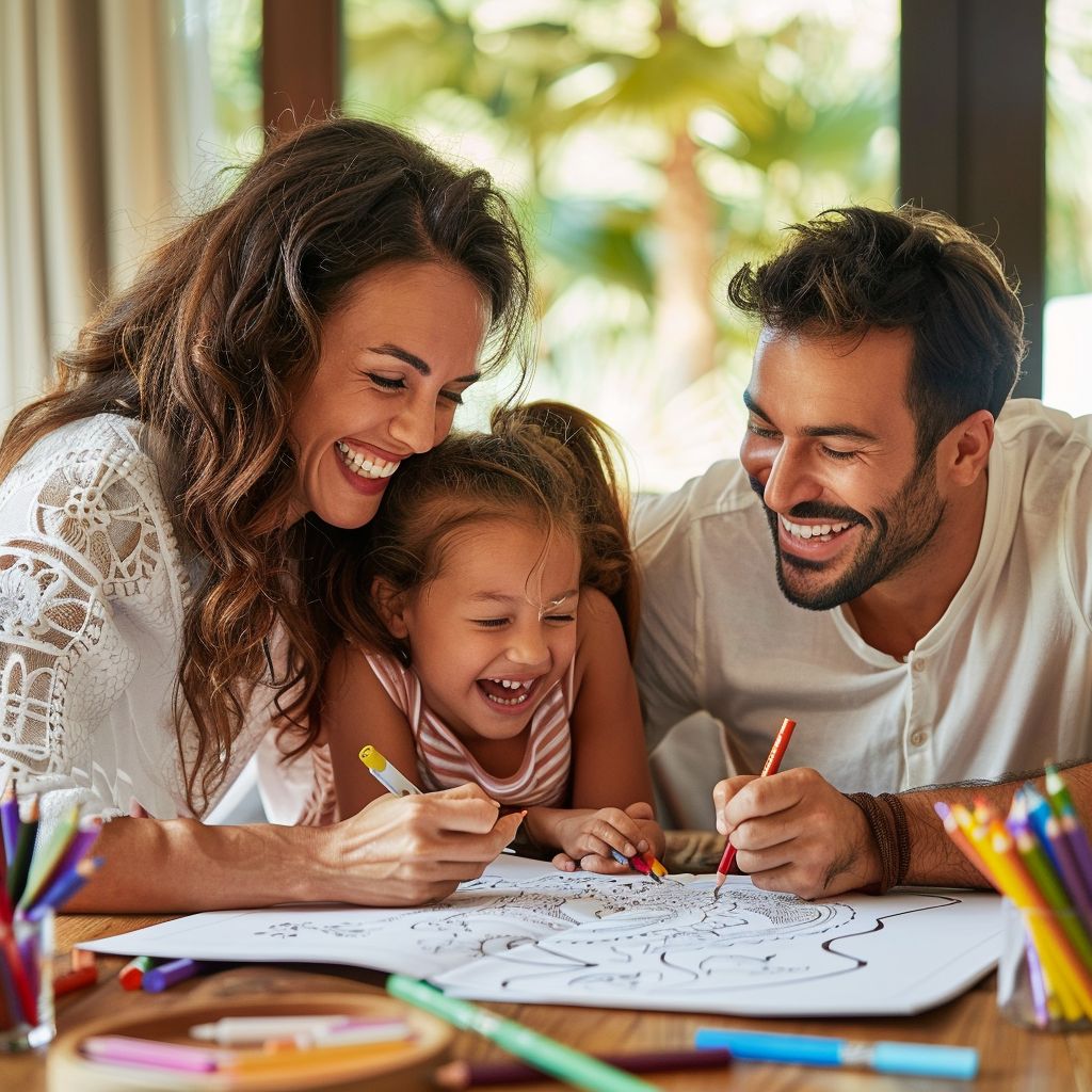 Family coloring together at a kitchen table