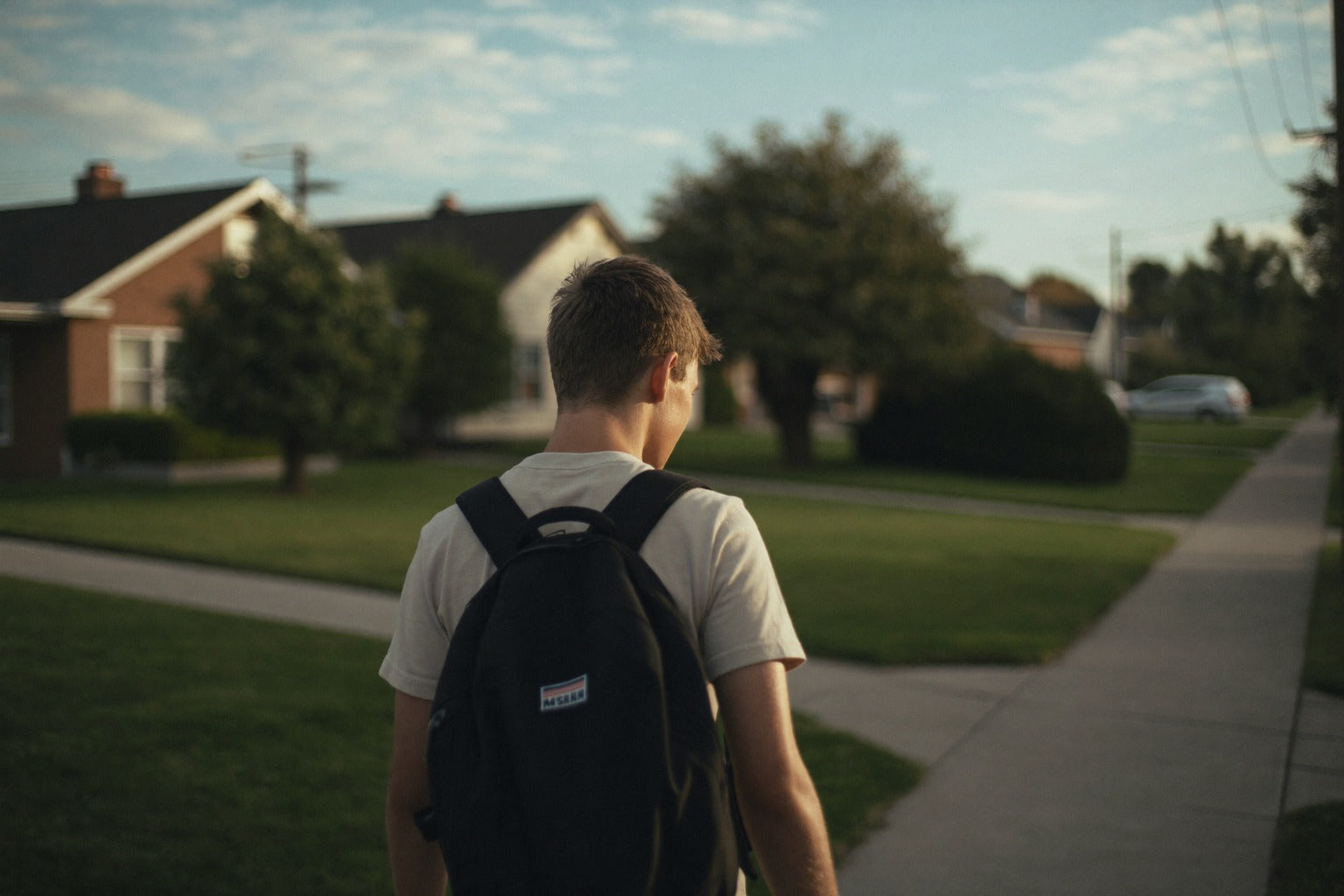 Teen boy walking alone down a suburban sidewalk with his head down
