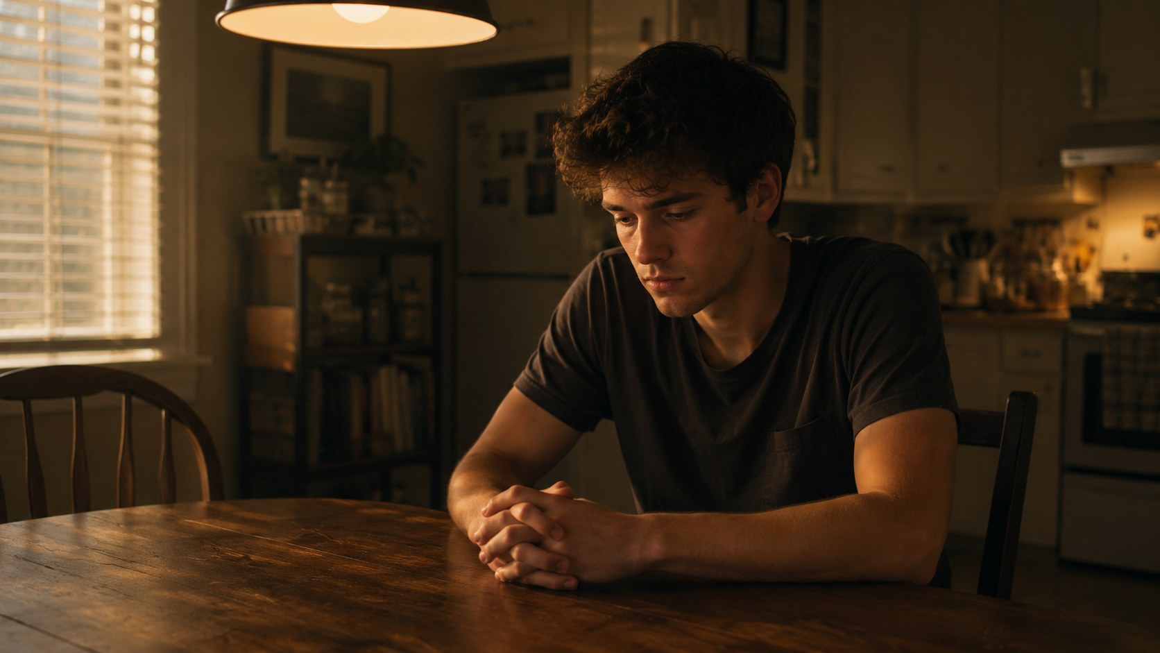 Teen boy in thought, illustrating the cycle of replaying mistakes and shame