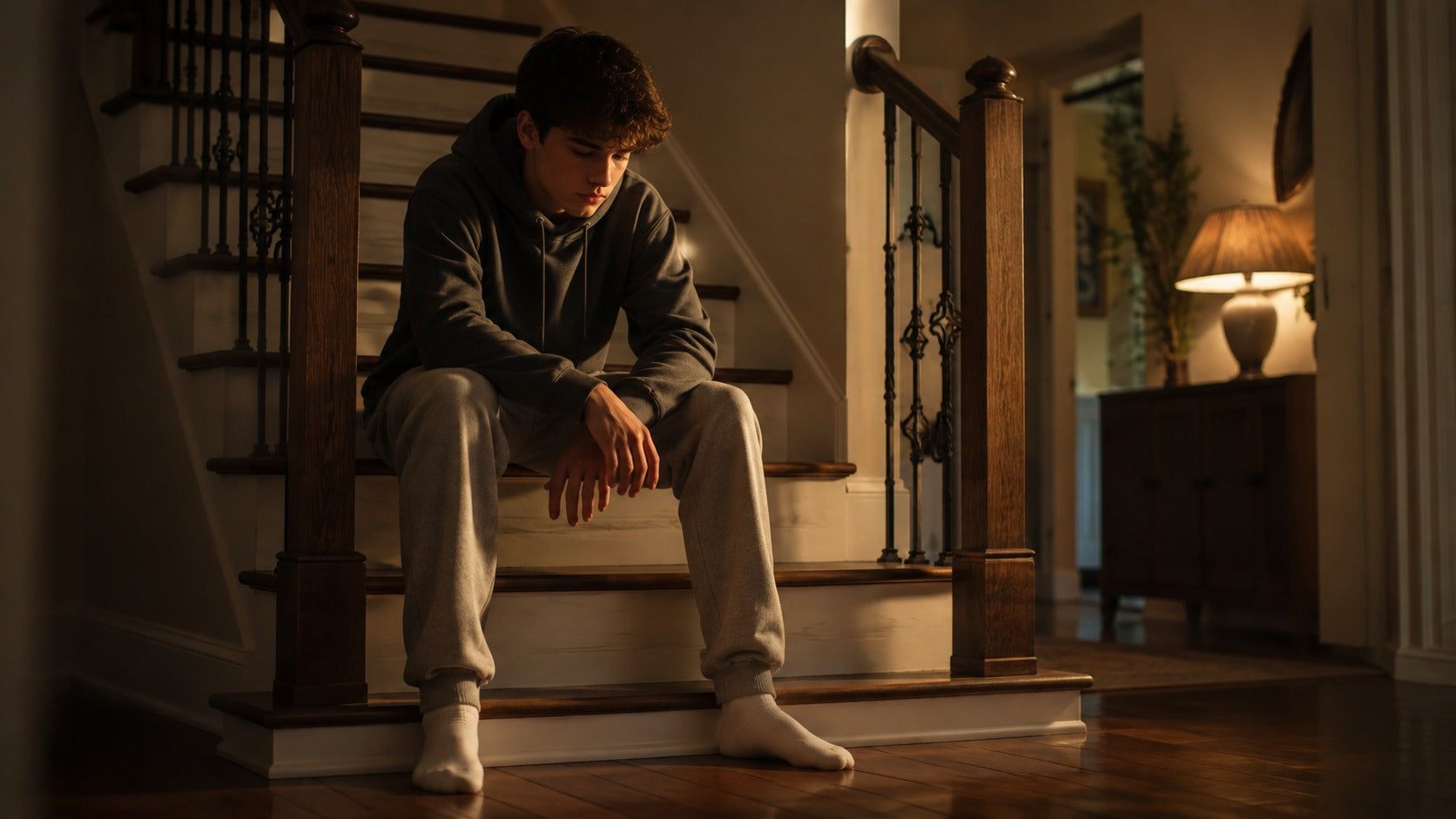 Teen boy sitting on warmly lit home staircase, looking pensive