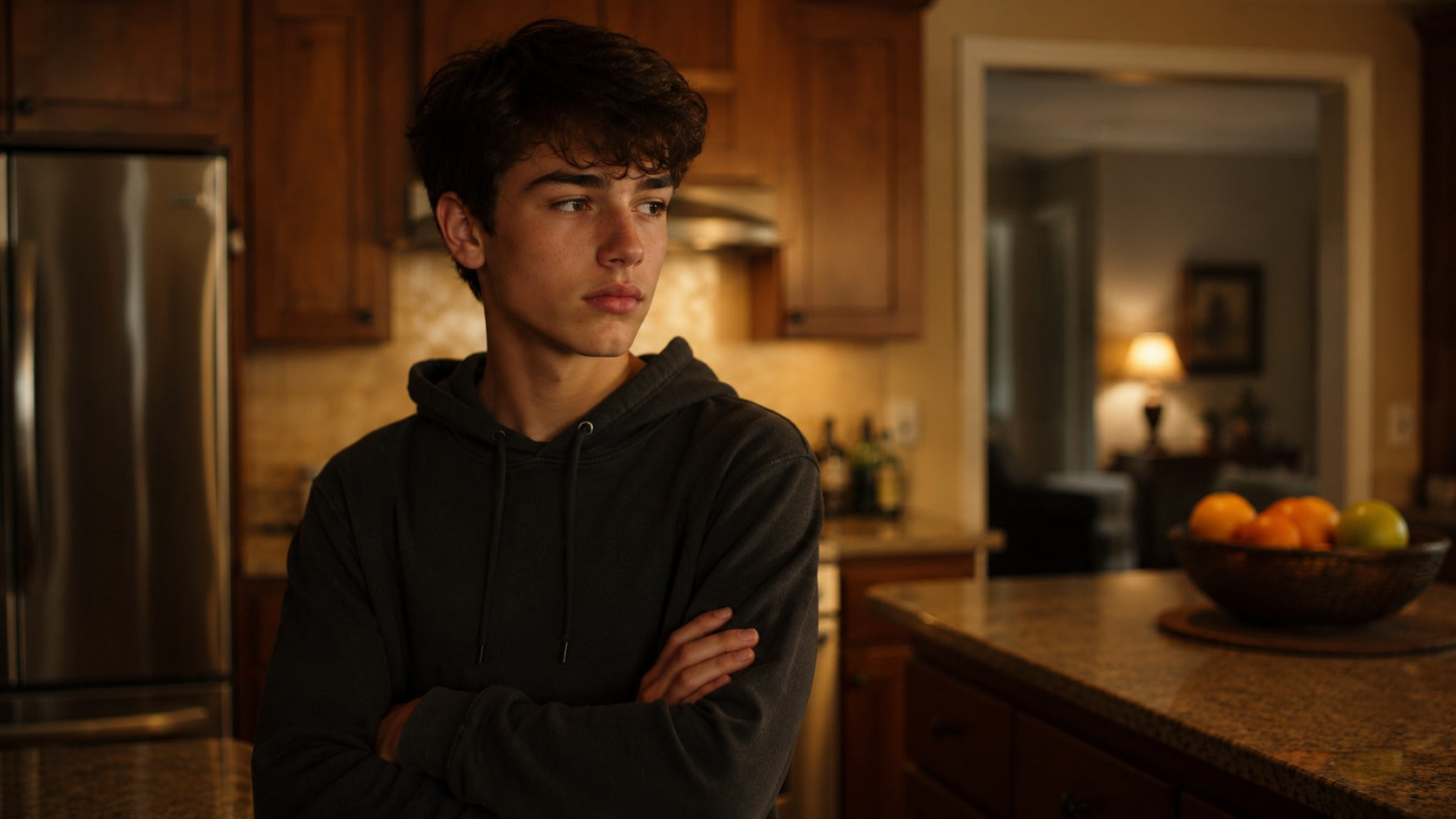 Teen boy sitting in a warm kitchen, looking thoughtful